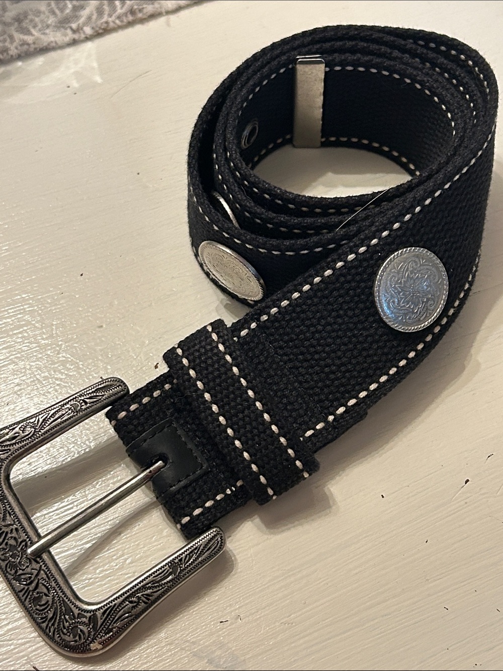 Black 100% Cotton Fabric With Antique Silver Western Buckle/Conchos M/Lg Belt